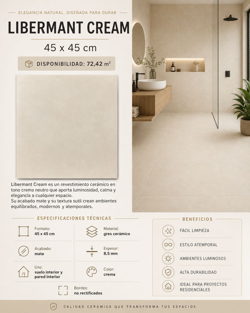 AZULEJOS LIBERMAND CREAM MT 45X45 PORCELANICO(POR CAJA=1,42M2)